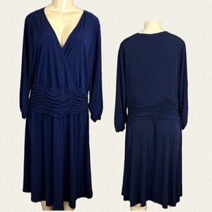 NY Collection +2X Navy Blue Ruched Waist V-Neckline 3/4 Sleeve Below Knee Dress
